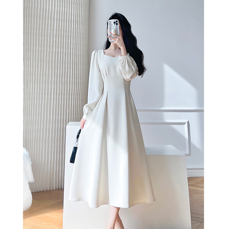 White dress for women's spring square collar French retro slim collar small white skirt