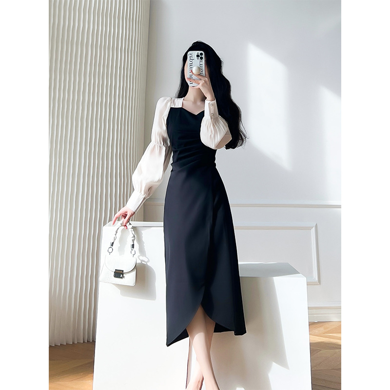 Spring women's slightly fat French design high-end dress covering the belly and making you look slim and elegant