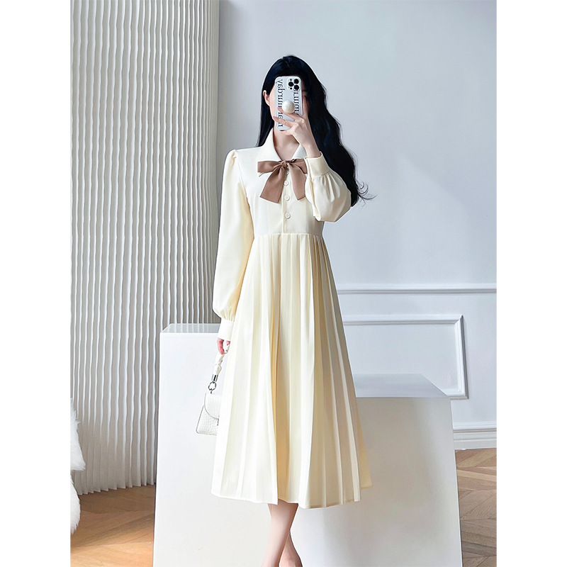 French shirt dress for women spring long sleeve artistic gentle pleated skirt long skirt